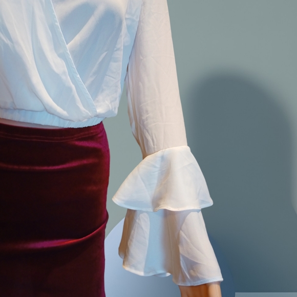 U2B Women's White Flounce Sleeve Sheer Cropped Blouse - Picture 13 of 16